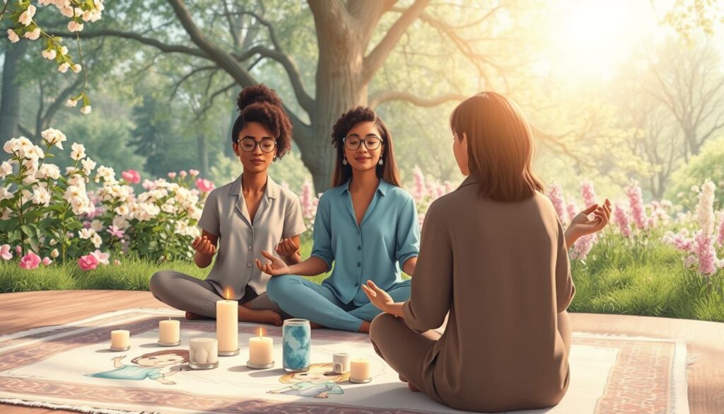 A serene and inviting scene depicting inner child healing techniques. In the foreground, a diverse group of three adults, dressed in casual yet professional clothing, engage in a guided meditation session, their faces reflecting calm and openness. In the middle ground, there is a soft, colorful tapestry on the ground with healing crystals, candles, and gentle watercolor imagery of playful childhood scenes, evoking nostalgia. The background features a tranquil garden filled with blooming flowers and soft, dappled sunlight filtering through the trees, creating a peaceful atmosphere. The composition is captured with a slight upward angle to emphasize the sky and the sense of upliftment. The overall mood is warm, comforting, and encouraging, inviting viewers to connect with their inner child. nextself.ai