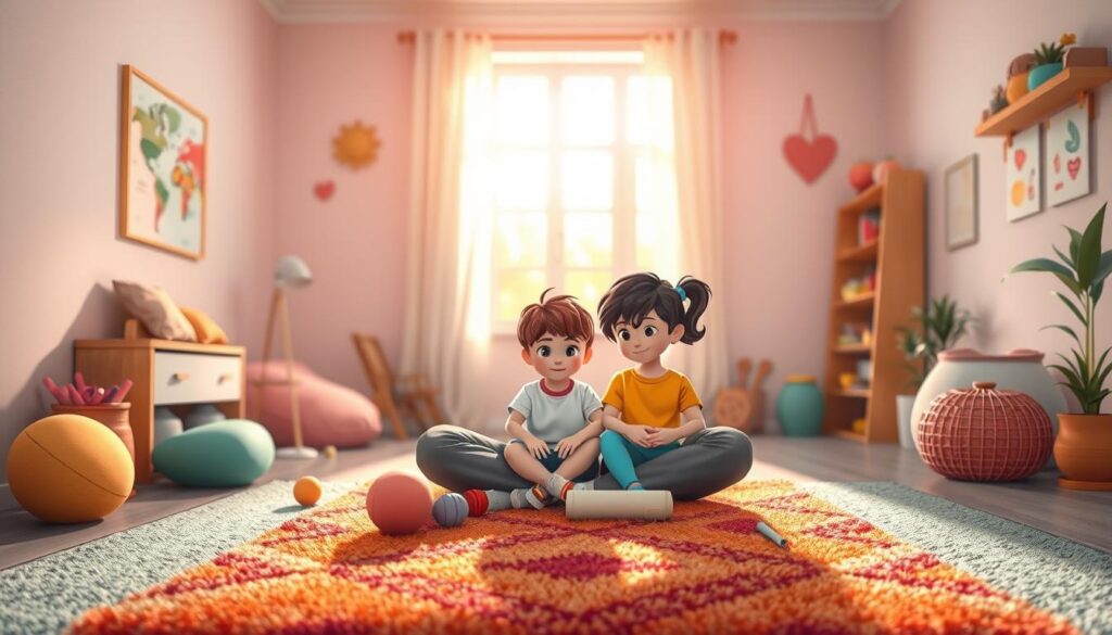 A serene indoor space reflecting a warm and nurturing atmosphere, intended to represent "inner child work." In the foreground, a gentle adult figure sits cross-legged on a plush, colorful carpet, wearing modest casual clothing, guiding a small child, playfully colored with bright hues. They are surrounded by soft toys and colorful art supplies, symbolizing creativity and expression. In the middle ground, a window lets in soft, golden sunlight, illuminating the scene and creating a sense of warmth and safety. The background features softly blurred pastel-colored walls adorned with children's drawings, evoking a sense of innocence and wonder. The mood is calm, inviting, and filled with emotional healing energy, capturing the essence of understanding and nurturing the inner child. Rendered with high detail and a soft focus effect, emphasizing warmth and connection. nextself.ai